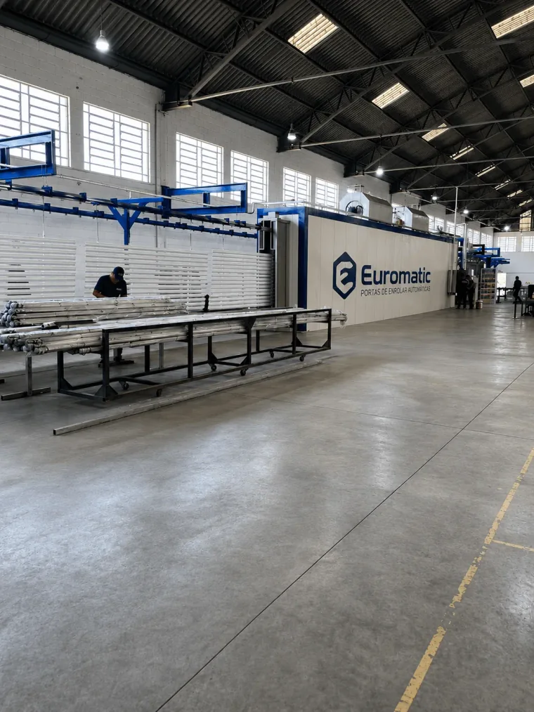 Pintura eletrostática a pó em estufa industrial automatizada para portas de enrolar Euromatic em SP