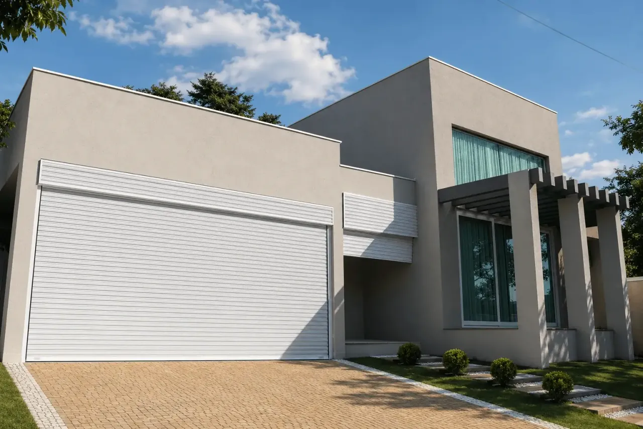 Porta de enrolar residencial com perfil fechado cinza e motor elétrico