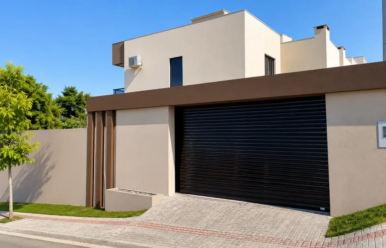 Porta de enrolar automática residencial premium instalada com acabamento de fábrica